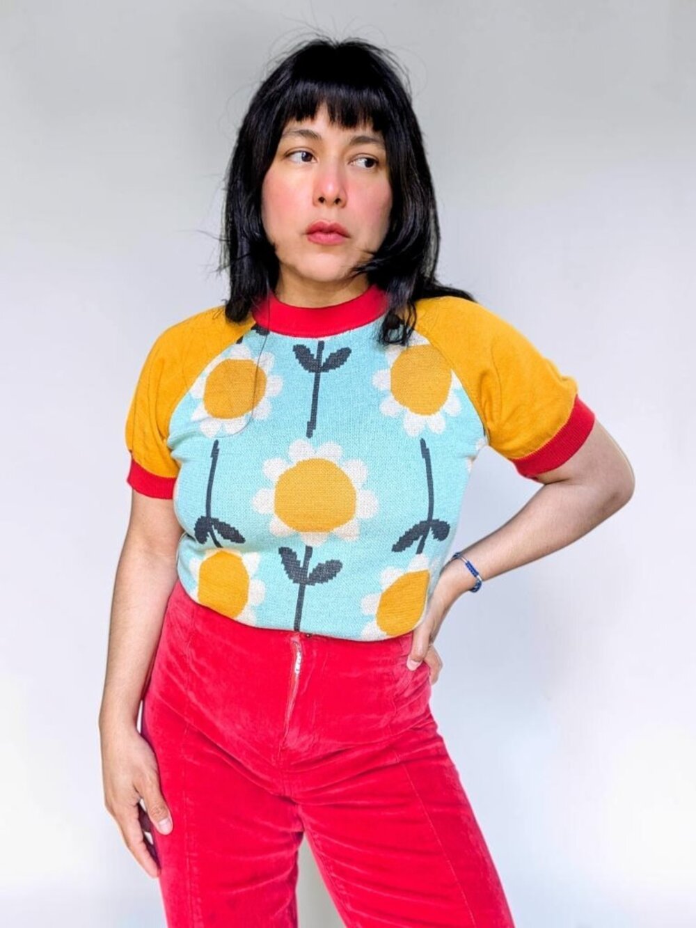 Oxknit LE retro line 70s groovy floral colorblock fairy kitsch knit top Ws S New - Picture 7 of 7